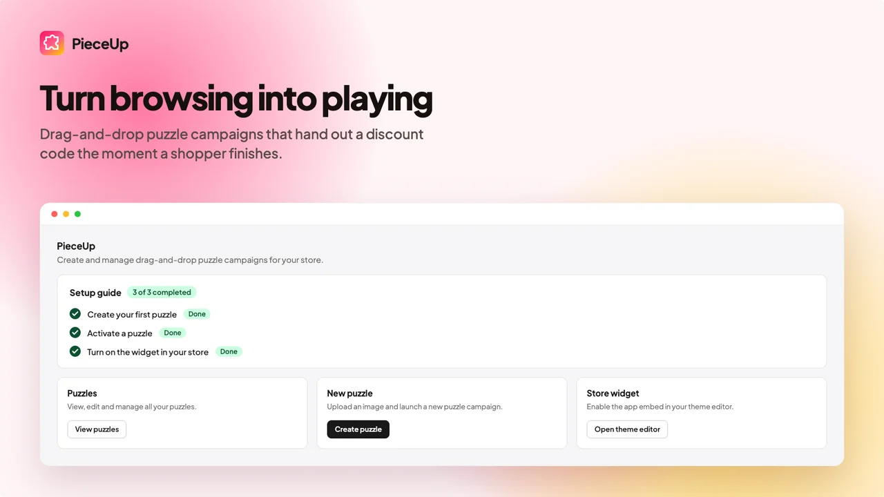 PieceUp admin home screen with a setup guide and store widget controls