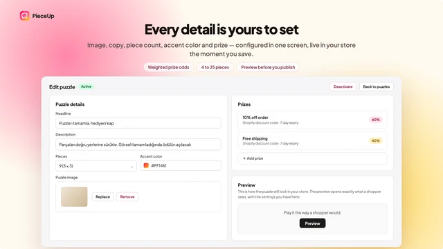 PieceUp puzzle editor screen showing headline, description, pieces, accent color and prize configuration