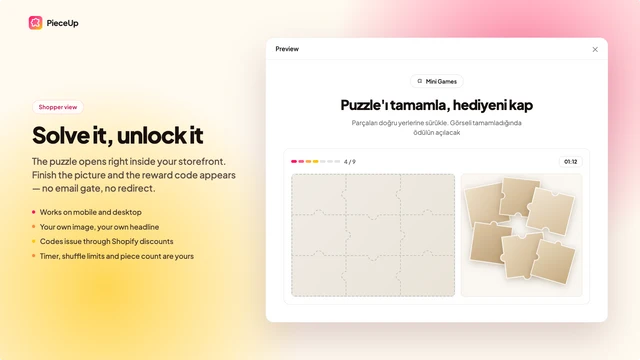 Storefront preview of a shopper solving the puzzle and unlocking a reward